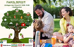 Bildcollage med två bilder där den första är en tecknad affisch med information om familjefest i Stadsparken 15 juni 2024