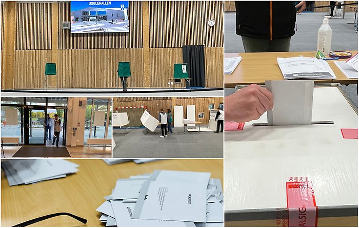 Bildcollage från EUval 2024 Perstorp. Vallokal Ugglehallen