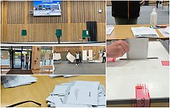 Bildcollage från EUval 2024 Perstorp. Vallokal Ugglehallen