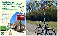 Bildcollage invigning Cykelleden Skåne. Vänstra bilden är en affisch med inbjudan till invigning 3 juni. Bilden bredvid visar en cykel som står vid en av skyltarna som visar Cykelledens sträckning