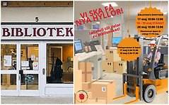 Bildcollage med två bilder. Den till vänster visar exteriör biblioteket och den till höger visar en illustrerad truck som flyttar hyllor vilket symboliserar det faktum att biblioteket får nya hyllor och därför behöver ha stängt vissa dagar vecka 20.