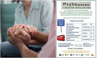 Bildcollage med två bilder en med händer som är sammanflätade och en med information om Psykbussen.