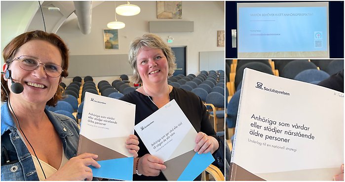 Bildcollage föreläsning Anhörigperspektiv. Tre bilder där två mindre visar framsida på dokument och bildskärm med presentation. Den största bilden föreställer två kvinnor scm håller i varsitt exemplar av en skrift. Båda ler mot kameran.