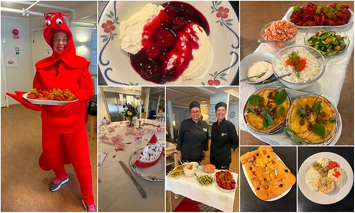 Bildcollage med sju bilder från kräftskiva på Österbo. Maträtter, pynt och personal.
