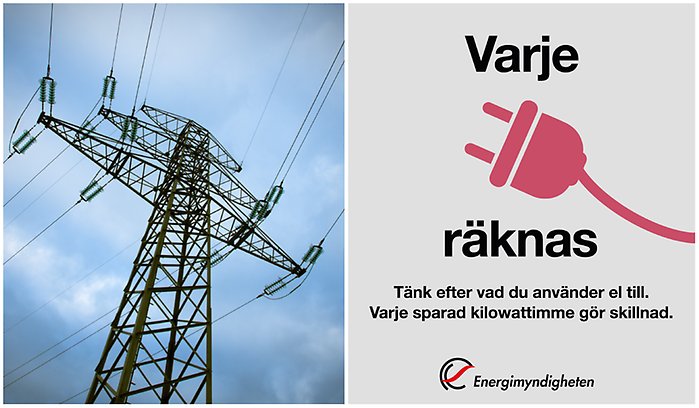 Bildcollage med två bilder. Den till vänster visae en kraftledning och den till höger har texten varje kiloeatt räknas. Kampanj Energimyndigheten.