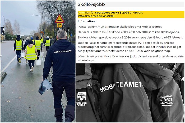 Bildcollage med information om skollovsjobb i Mobila Teamets regi under sportlovet v.8. En bild visar skollovsjobbar, en annan Mobilta Teamets jackor medan den tredje och sista bilden är ett skärmklipp från kommunens webbplats med skriftlig fakta om vad skollovsjobben innebär