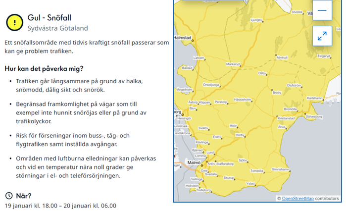 Gul varning för snöfall