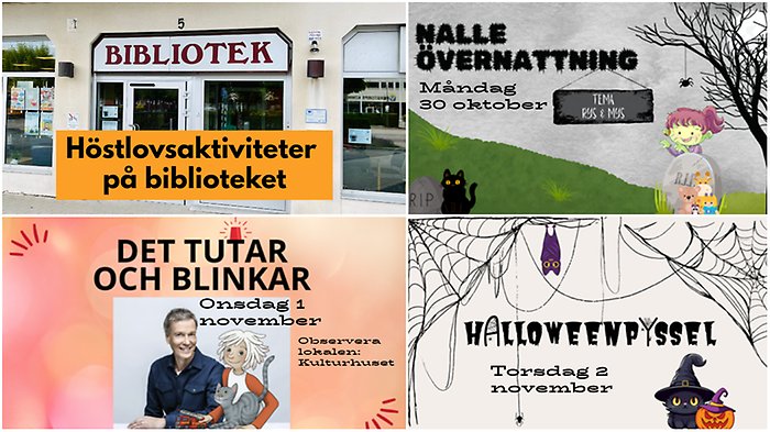 Bildcollage med information om höstlovsaktiviteter på biblioteket vecka 44 2023. Halloweenpyssel, Nalleövernattning och det tutar och låter.