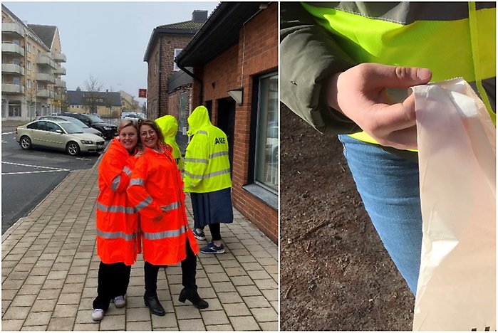 Bildcollage med två bilder där den ena visar personer i varselkläder på en gata i centrala Perstorp. Bild två visar närbild på en person i varselväst som plockar skräp i en påse.