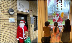 Bildcollage julfest öppna förskolan Familjens Hus. Tomten syns utanför entrén till Familjens Hus plus att han kikar in genom ett fönster på bild nummer två. Tre barn tittar ut genom samma fönster.