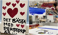 Bildcollage med tre bilder från aktivitet på centrumgården där ungdomar målar tavlor på temat Det bästa med Perstorp är.