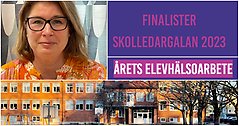 Bildcollage med fyra bilder där två av dem har blå bakgrund och det står med lila respektive vit text Finalister skolledargalan 2023 och Årets Elevhälsoarbete. Övriga två bilder visar exteriör Centralskolan 4-6 samt porträttbild på rektor Lena Brodd..