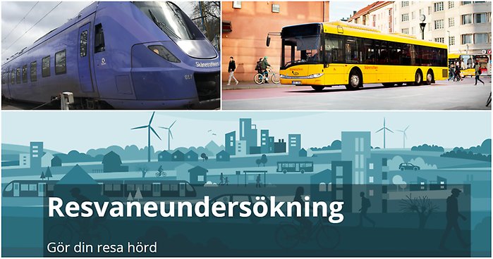 Bildcollage resvaneundersökning 2023. Tre bilder där den uppe till vster visar ett lila pågatåg och bilden uppe till höger en gul regionbuss. Den största bilden i botten är en illustration i grön nyans där det står med vit text: Resvaneundersökning - gör din resa hörd.