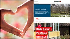 Bildcollage med händer som formar ett hjärta samt skärmklipp från Perstorps församling och Röda korsets webbplatser.