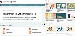 Bildcollage med skärmklipp från Skolverkets webbplats Utbildningsguiden med information till den som ska söka förskola, grundskola eller gymnasieutbildning eller funderar på vuxenstudier.