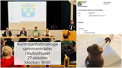 Bildcollage inför kommunfullmäktige 27 oktober i Kulturhuset. Bilderna visar ledamöter, kallelse och ordförandeklubba.