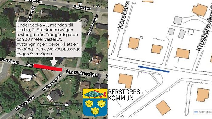 Bildcollage med två kartbilder som visar sträcka där Stockholmsvägen är avstängd under v. 46 på grund av att en gång och cykelvägspassage byggs.