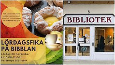 I bakgrunden syns löv i höstens alla färger. Bilder på en kaffekopp och wienerbröd är inklippta. Vidare finns text om tid och datum för lördagsfika.)