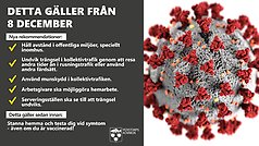 Bildcollage med covid-19virus och beskrivning av nya råd som gäller från 8 december