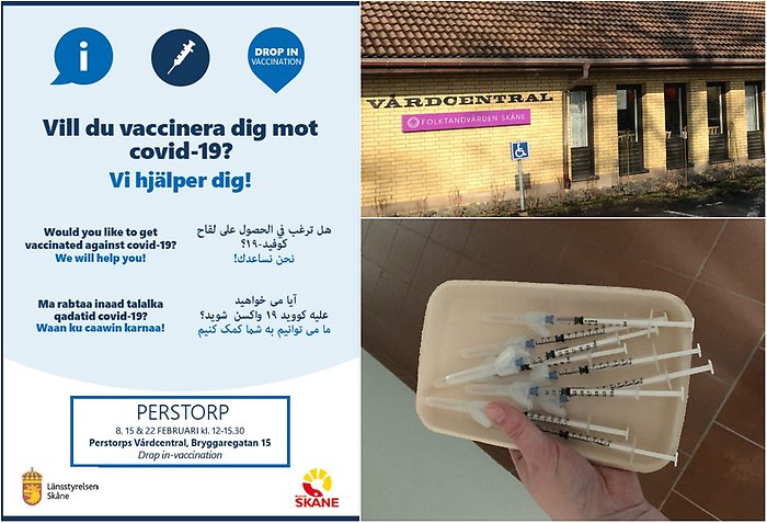 Bildcollage med information om drop in vaccination på vårdcentralen.