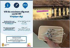 Bildcollage med information om drop in vaccination på vårdcentralen.