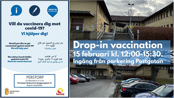 Bildcollage med information om drop in vaccination på vårdcentralen.