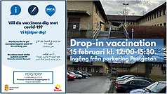 Bildcollage med information om drop in vaccination på vårdcentralen.