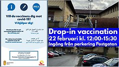 Bildcollage med information om drop in vaccination på vårdcentralen.