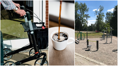 Bildcollage: Man med rollator, kaffe som hälls i kopp och utegym vid Esabvallen.