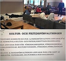 Projekt koll på samhället. Bibliotekschef och fritidschef föreläser om verksamheten inom kultur och fritidsförvaltningen.