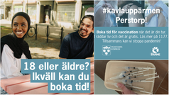 Bildcollage med bilder och text som säger att personer 18 år kan boka tid för vaccination från och med den 6 juli.
