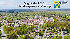 Flygfoto över Perstorp med texten så gick det i Medborgarundersökningen.