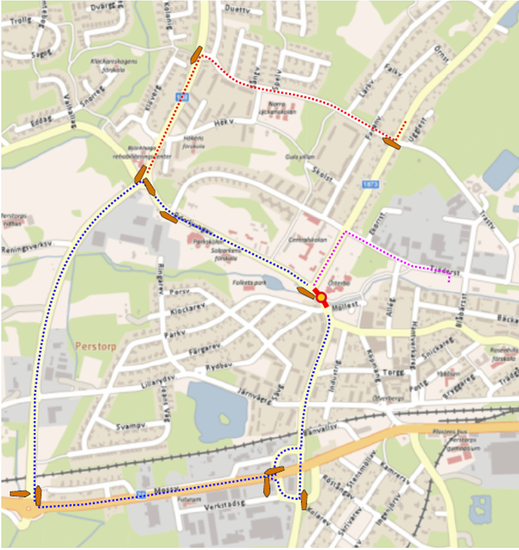 Karta över trafikomledning under tider reparation på Oderljungavägen pågår.