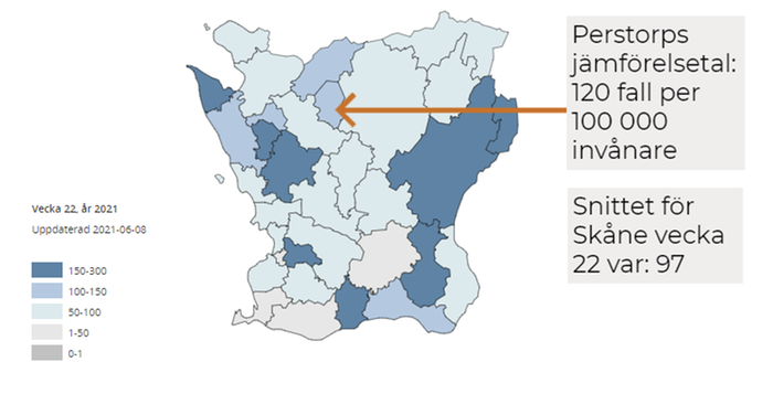 Skånekarta med statistik över antalet konstaterade fall med covid-19 i respektive kommun