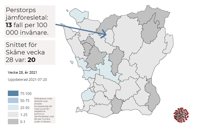 Grafik som visar antal konstaterade fall av covid-19  per hundra tusen invånare i Skåne