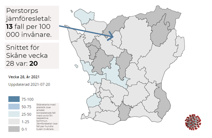 Grafik som visar antal konstaterade fall av covid-19 per hundra tusen invånare i Skåne