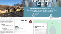 Bildcollage med tre bilder. Till vänster en bild på Vårdcentralen som utför vaccinationen mot covid-19. Tilkl höger en bild med texten kavla upp ärmen Perstorp. Underst ett skärmklipp med statistik från Folkhälsomyndigheten.