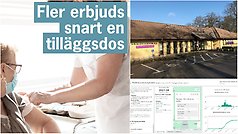 Bildcollage med tre bilder. Till vänster en bild med texten"fler erbjuds snart en tilläggsdos" och visar en person som får en vaccinspruta. Uppe till höger en exteriörbild på vårdcentralen i Perstorp och nere till höger ett skrämklipp på Folkhälsomyndighetens statistik över antalet konstaterade personer med covid-19 i Perstorp