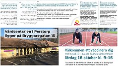 Bildcollage med information på flera språk om att vårdcentralerna runt om i Skåne har öppet hus 16 oktober för vaccination