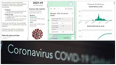 Bildcollage med två större bilder samt en liten på coronaviruset. Största bilden är ett skärmklipp från Folkhälsomyndighetens statistik och bilden under har texten coronavirus covid-19.