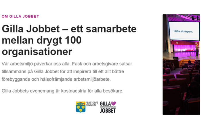 Skärmklipp  med information från webbplatsen Gilla jobbet om arrangemanget Gilla jobbet den 26 oktober