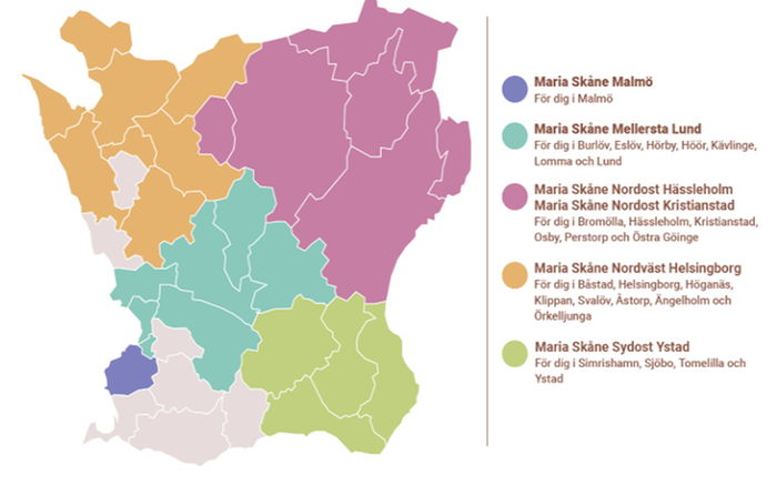 Skärmklipp karta över Psykiatri Skånes indelning av hjälp via Maria Skåne