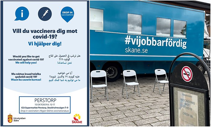 Bildcollage vaccinationsinfo och buss