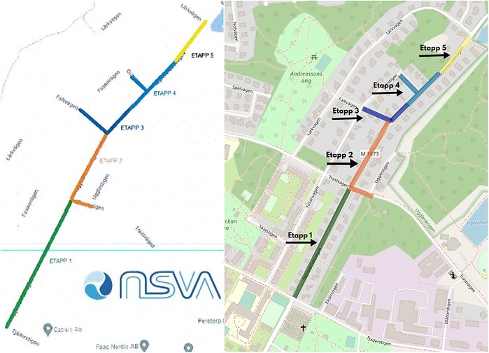 Bildcollage med kartor som visar arbetet med byte av spill- och dagvattenledningar