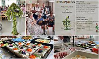 Bildcollage med sex bilder från midsommarfest på Träffpunkten Ybbes hörna. Bilderna visar silltårta, sånghäfte, midsommarstång och orkester.
