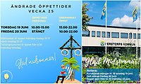 Bildcollage med två bilder som visar illustrerad information om bibliotekets öppettider samt exteriör Centrumhuset med text om Kundtjänsts öppettider över midsommar.