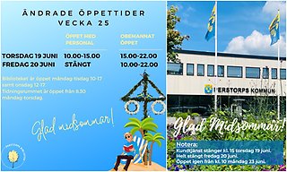 Bildcollage med två bilder som visar illustrerad information om bibliotekets öppettider samt exteriör Centrumhuset med text om Kundtjänsts öppettider över midsommar.