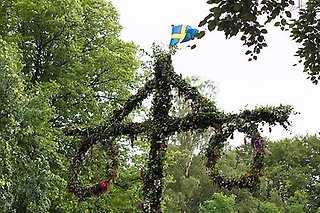 Bild på midsommarstång och grönskande träd i bakgrunden