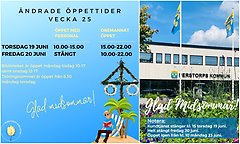 Bildcollage med två bilder som visar illustrerad information om bibliotekets öppettider samt exteriör Centrumhuset med text om Kundtjänsts öppettider över midsommar.
