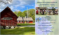 Bildcollage med två bilden som visar Perstorps hembygdsgårde samt affisch om midsommarfirande 2025